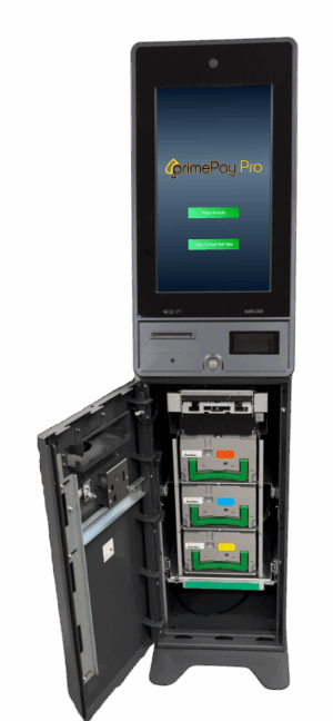 PrimePay Redemption Kiosk — QR Ticket Scan, High-Capacity Note Cassettes, Remote Monitoring